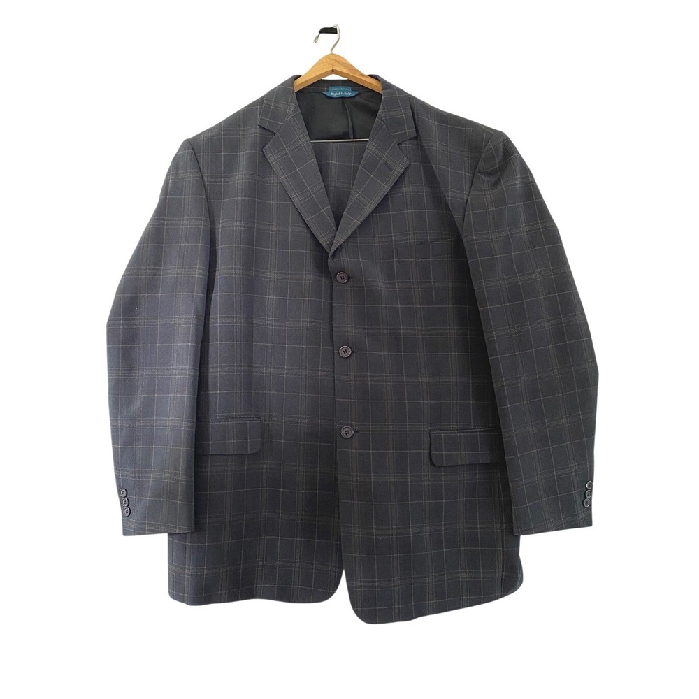 Giorgio Brutini Suit Mens 48L‎ Gray Plaid 3-Button Blazer Pleated Pants W42 Set